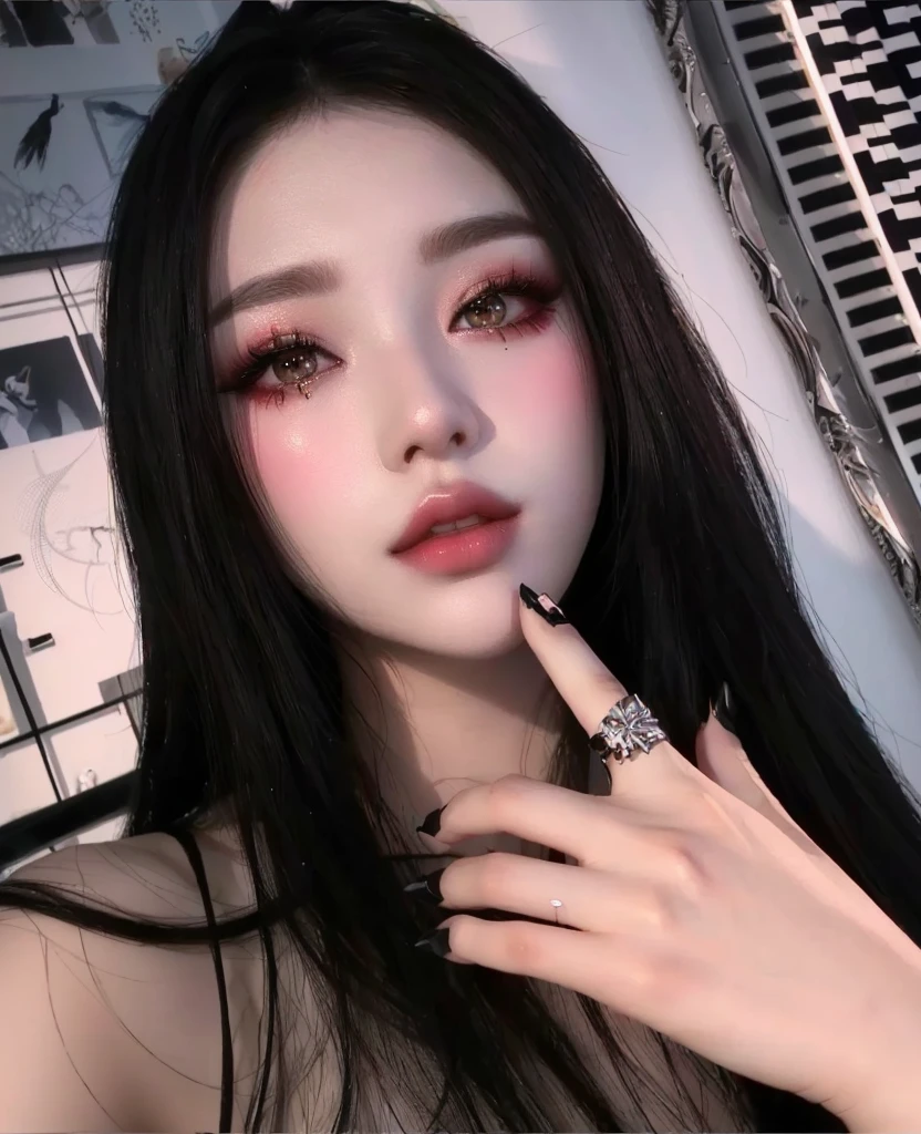 araffe girl with long black hair and a ring on her finger, ulzzang, popular south korean makeup, cruel korean goth girl, popular korean makeup, artwork in the style of guweiz, realistic artstyle, korean girl, photorealistic!!!!!!! art style, realistic anime 3 d style, kanliu666, realistic picture
