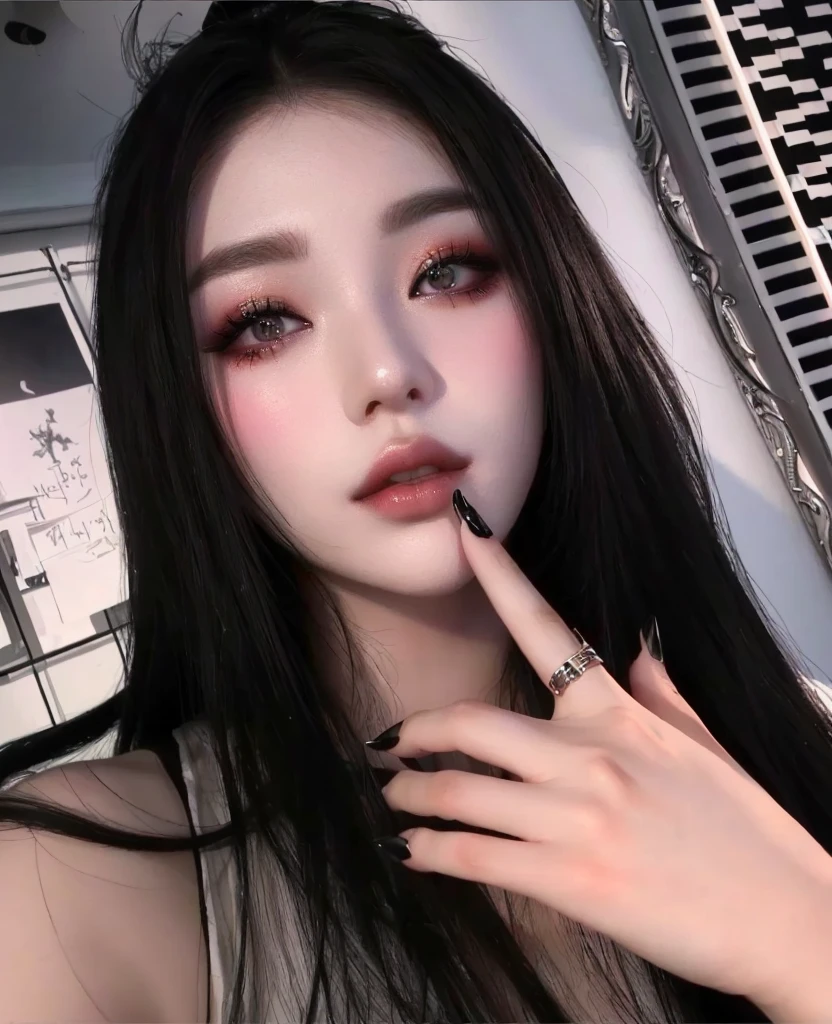 araffe girl with long black hair and a ring on her finger, ulzzang, popular south korean makeup, cruel korean goth girl, popular korean makeup, artwork in the style of guweiz, realistic artstyle, korean girl, photorealistic!!!!!!! art style, realistic anime 3 d style, kanliu666, realistic picture