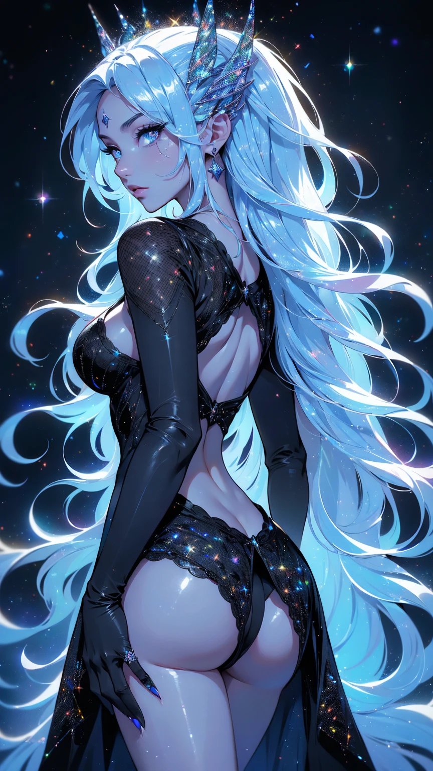 (rear view, backside view),{-erro_de_anatomy:1.0}, (La mejor calidad,A high resolution,Ultra - detallado,actual),Ariana Grande, highest quality, (perfect face:1.1, (high detail)1.1, sweet stardust vampire , long soft white hair, perfectly drawn face, black dress, stars detailed background, prismatic lighting, glitter, whole bod., Very sexy, walking, holding a crystal star in her hands, backwards, looking back, (ojos hermosos azules :1.4), (perfect anatomy:1.4),( fondo cristales de cuarzo gigantes:1.4), (detailed face:1.4),( mostrando su trasero hermoso grande), (no mutaciones),( lingerie negro :1.4 ), (convexo dedos detailed:1.4 )