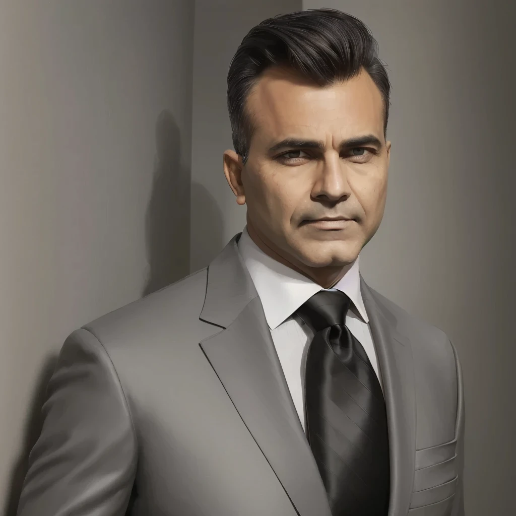 dpack2, age 42, looking straight in to camera,  perfect model, hyperreal, (8K), (extremely detailed), (best illustration), (detailed eyes), (best quality), (ultra-detailed), (masterpiece), (wallpaper), best dressed suited in grey colour, black tie, one-hour drawing challenge, (grey formal suit :1.3), looking at the audience, exquisite details, detailed faces, ,pureerosfaceace_ v1,
