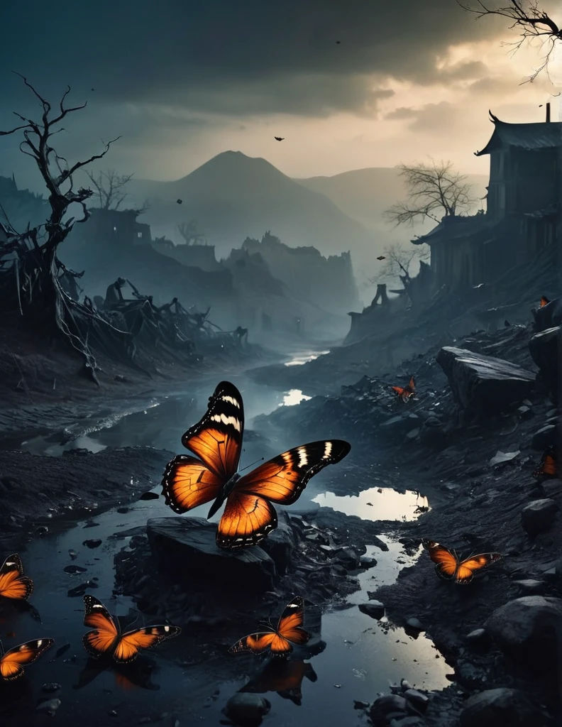 (butterfly:1.5),(butterfly theme:1.5),(dark horror theme:1.5),(thriller:1.5),(inspiration from Stephen King:1.5),(dark fantasy:1.5), (ink and watercolor painting:1.5), (black and white color:1.5), 8k, 4k, (landscapes:1.5),(A large number of butterflies fly towards the viewer:1.5),(ruined:1.5),(ruined village:1.5),(1800s:1.5), (ruined theme:1.5),(lots of flying butterflies:1.5),(puddle:1.5),(Unpaved roads:1.5),(absurderes:1.5),(fantastic:1.5),(best quality:1.5),(masterpiece:1.5),full body length,Quartz Manganite babygirl plays with doll,pretty face,eyebrow up,full body shot,ominous landscape,Fluorite Wulfenite atmosphere,by art Simon Stalenhag,Nicola Samori,(((Wangechi Mutu))),prime colors,urban,extremely detailed,masterpiece,intricate details,faded,eyes extremely detailed, high detailed eyes,4k resolution,RAW, Nikon Z9,scary town,stalker,orc,Stone Forest in Yunnan Province of China,best quality, ultra-detailed, realistic, portraits, dark and eerie atmosphere, glowing eyes, ethereal presence, hauntingly beautiful, ghostly figures, swirling mists, supernatural entities, demonic essence, shadowy forms, eerie whispers, sinister aura, hauntingly pale skin, dark and twisted branches, flickering candlelight, macabre elements, mysterious and enigmatic, spectral apparitions, gothic art style, hauntingly captivating, spectral realm, hauntingly melancholic, otherworldly beauty, ethereal glow, hauntingly haunting, chilling and atmospheric, eerie and ominous lighting.