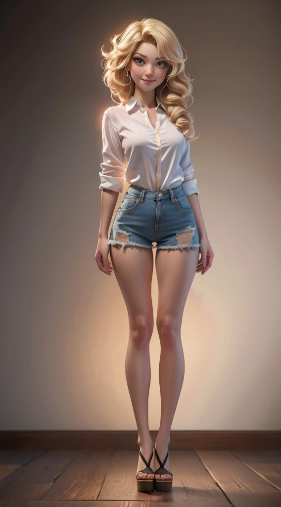 ((Fullbody)),16k cg wallpaper, 16k ultra hd, 8k cg wallpaper, 8k ultra hd, photograpic),((Best Quality, best resolution, award-winning portrait, official art)), ((perfect Masterpiece)), ((Realistic)) and ultra-detailed photography, very detailed, woman with a beautiful face, blonde, badly torn shirt and denim shorts, long legs, sweating through, sun rising, Nice warm colors, head to toe, full body shot, pretty hands, perfect fingers, medium breasts, curvy figure, smiling at viewer 