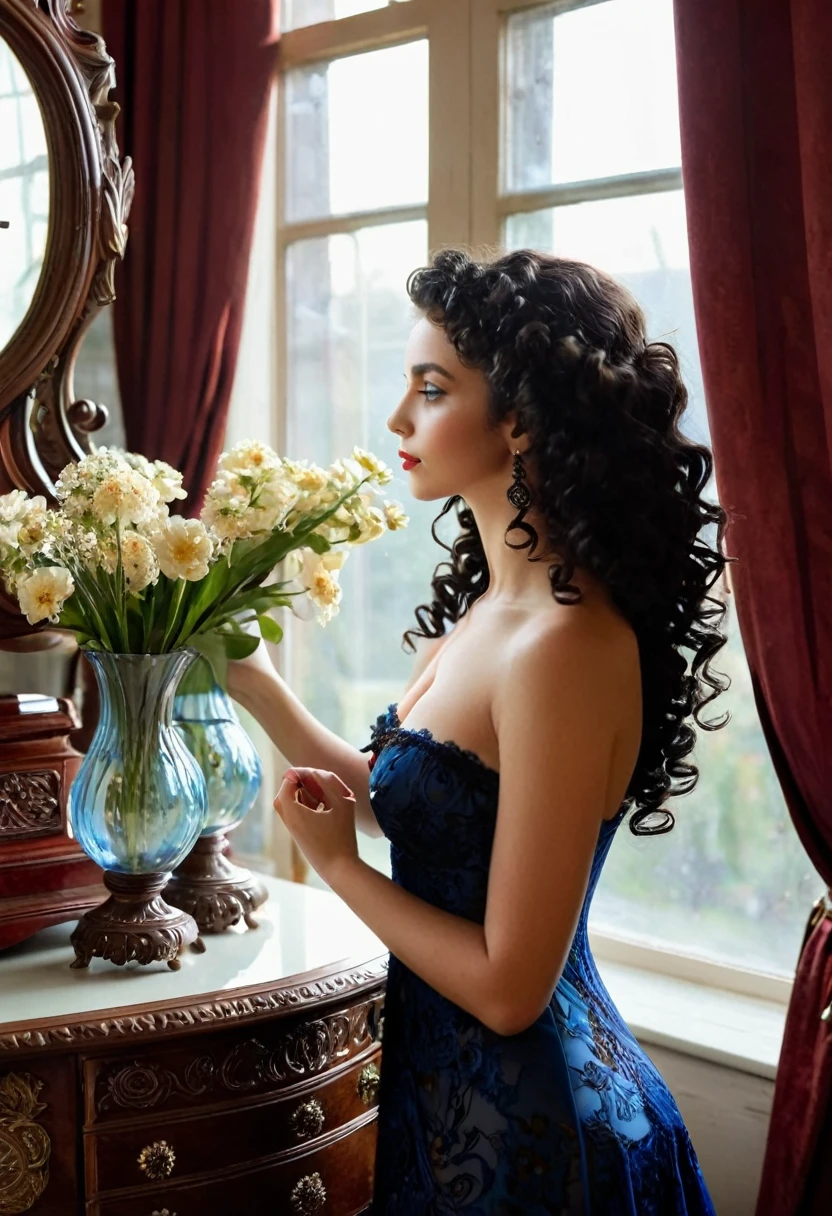 A beautiful woman, black curly hair, clear and expressive blue eyes, looks at her image in the mirror. In a mirror, with finely carved wooden frames, on a Victorian style dressing table, makeup objects, an antique clock and a music box, in a bedroom. She wears a black, red floral, low-cut dress, with detailed and intricate gold lace, draped over her shoulders, against the background of a window, flowers in vases, afternoon light illuminates her hair. 8k, UHD.