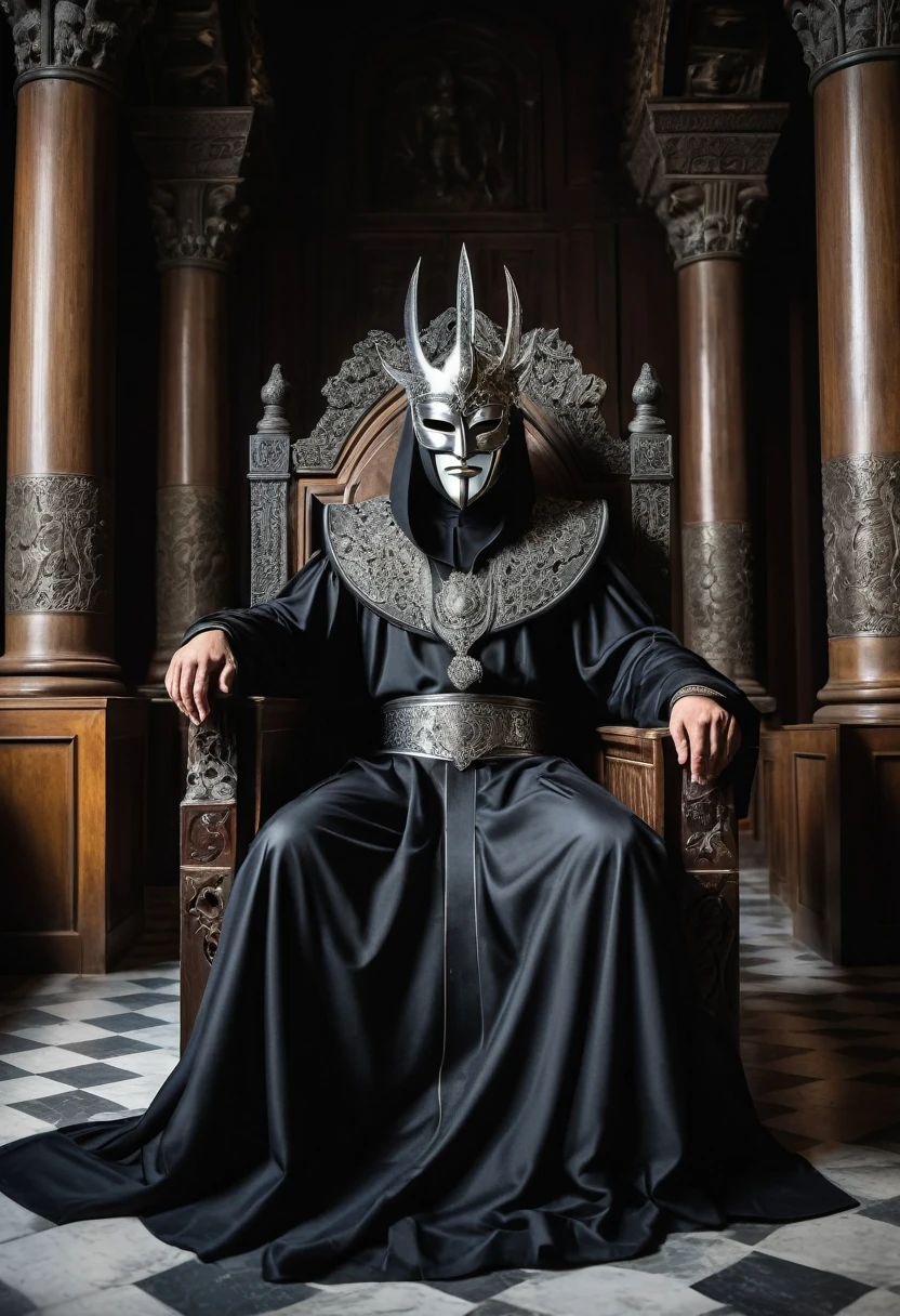 In the vast and imposing Grand Hall of Shadows, three dark figures stand as pillars of justice, seated on thrones of polished ebony. The torches scattered throughout the hall cast flickering shadows that dance on the ancient stone walls, faintly illuminating the visages hidden beneath silver masks.
The Judge of Opposition (Mask of Discord)
On the left, sitting rigidly on his throne, is the Judge of Opposition. His presence is imposing, emanating an aura of challenge. The silver mask covering his face is adorned with intricate interlaced patterns resembling thorns, symbolizing the constant search for flaws and imperfections.
His attire is a velvet black robe, embroidered with silver threads that shimmer in the torchlight. The eyes of the Judge of Opposition, visible only through narrow slits in the mask, shine with a piercing intensity, as if they could penetrate the soul of anyone who dares to lie before him. His hands, gloved in dark leather, rest on the arms of the throne, fingers tapping silently in a steady and unsettling rhythm.
The Judge of Support (Mask of Concord)
In the center, on a slightly elevated throne, sits the Judge of Support. His figure is a soft contrast amidst the darkness. The silver mask concealing his face is decorated with smooth, flowing patterns, suggesting empathy and understanding. His eyes, visible through delicate openings, exude a calm depth, reflecting a profound quest for truth and justice.
He wears a robe of gray silk, with silver details that softly glisten. The posture of the Judge of Support is serene, with hands resting calmly on his lap. There is an aura of patience and wisdom around him, and his gaze seems to soothe even the most troubled hearts seeking justice under his judgment.
The Judge of Neutrality (Mask of Balance)
On the right, on the third ebony throne, is the Judge of Neutrality. His figure embodies balance and impartiality. The silver mask covering his face is smooth and unadorned, reflecting austere simplicit
