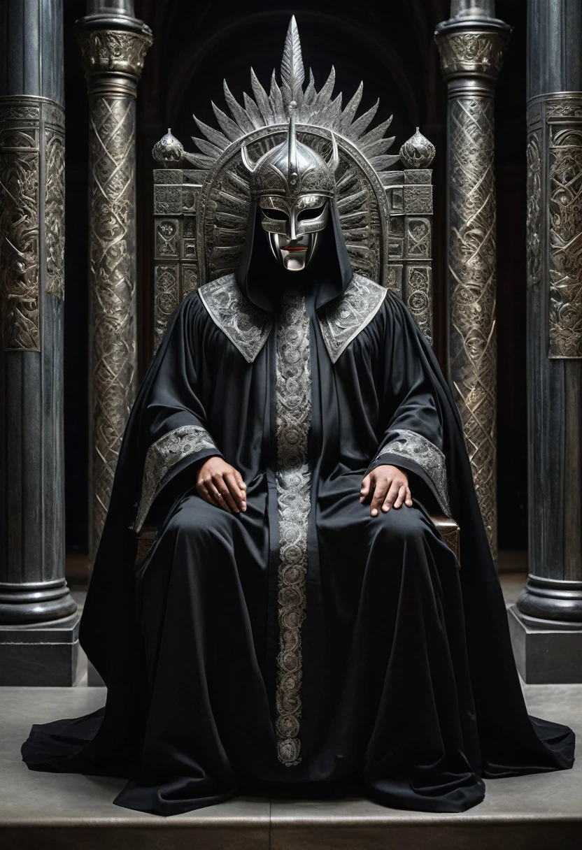 On the left, sitting rigidly on his throne, is the Judge of Opposition. His presence is imposing, emanating an aura of challenge. The silver mask covering his face is adorned with intricate interlaced patterns resembling thorns, symbolizing the constant search for flaws and imperfections.
His attire is a velvet black robe, embroidered with silver threads that shimmer in the torchlight. The eyes of the Judge of Opposition, visible only through narrow slits in the mask, shine with a piercing intensity, as if they could penetrate the soul of anyone who dares to lie before him. His hands, gloved in dark leather, rest on the arms of the throne, fingers tapping silently in a steady and unsettling rhythm.