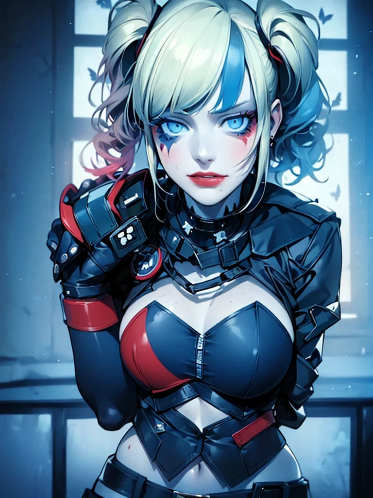 1 girl, beautiful detailed eyes, beautiful detailed lips, extremely detailed eyes and face, long eyelashes, combat suit, predominantly black with dark blue accents, touches of red on the boots and gloves, aerodynamic short cape, stylised Batman symbol on chest with light blue details, soft feminine mask design with subtle details, blonde hair with blue and red dyed tips, tied up in high ponytail or left loose, bold eyeliner, determined and conflicted expression, personalised batarangs with diamond design, collapsible hammer, advanced technological gadgets, athletic and agile physique, confident Batleen stance contrasting with relaxed Harleen Quinzel demeanour, anime-style design, masterpiece, (best quality,4k,8k,highres,masterpiece:1.2),ultra-detailed,(realistic,photorealistic,photo-realistic:1.37),HDR,UHD,studio lighting,ultra-fine painting,sharp focus,physically-based rendering,extreme detail description,professional,vivid colors,bokeh,portraits,concept artists