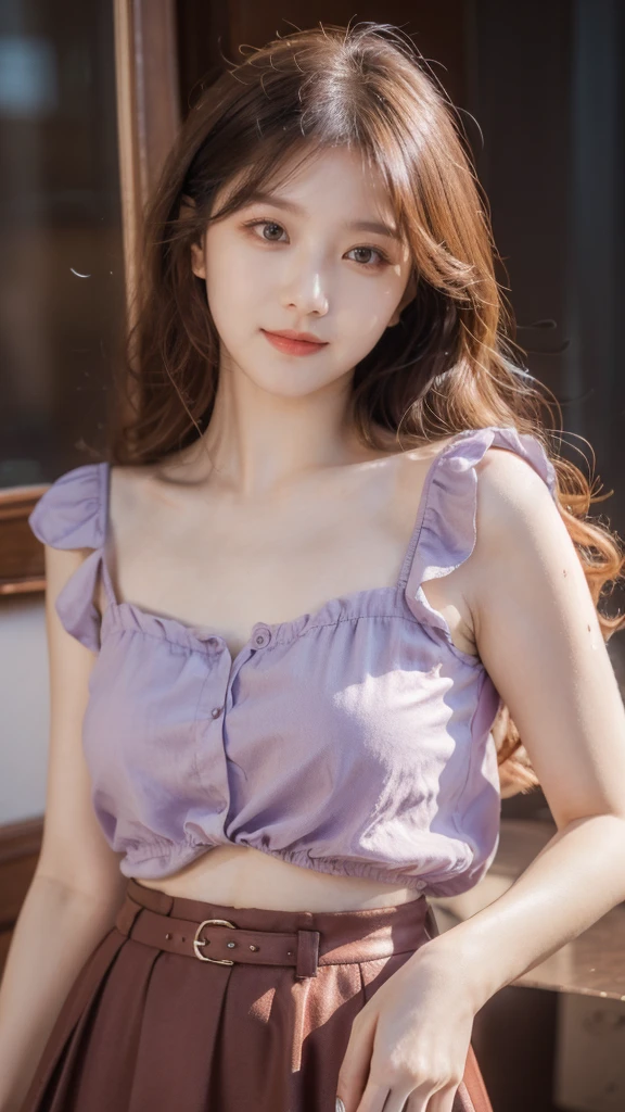 detailed background, masterpiece, best quality, 1 person , curly hair, long hair, purple eyes, star in eye ,red Strapless blouse, long skirt