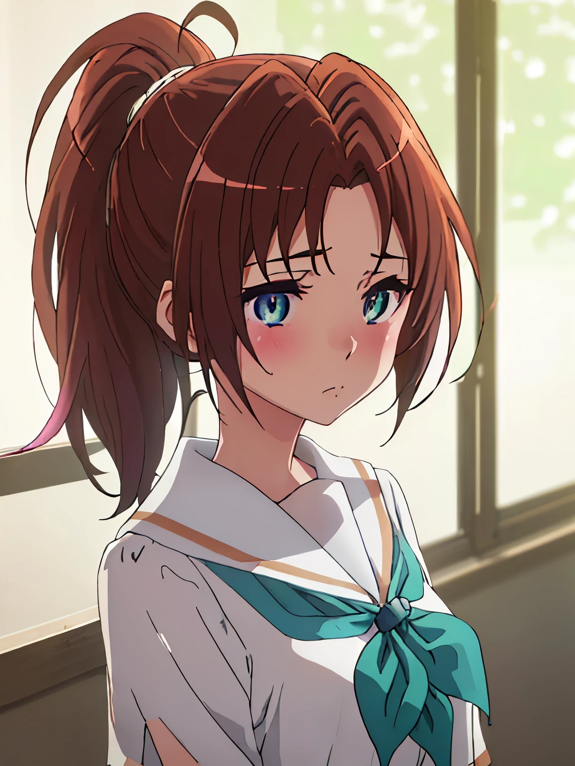  {Nakagawa_Natsuki_Euphonium Sound:1.15}, brown_hair, ponytail, length_hair, purple_eye, blush, Seraphim, Closed_mouth, indoor, front hair, 1 girl, others_expensive_School_uniform, neckerchief, crew_collar, School_uniform, green_crew_collar, shirt, white_shirt, window, green_neckerchief, Blurred_background, , Blurred,(shape:0.8), (detailed and beautiful eyes:1.6), Highly detailed face, Perfect lighting, Extremely detailed CG, (Perfect hands, Perfect Anatomy),masterpiece,High resolution,Anime key visual,detailed and beautiful eyes,Highest ,  (Perfect hands, Perfect Anatomy),