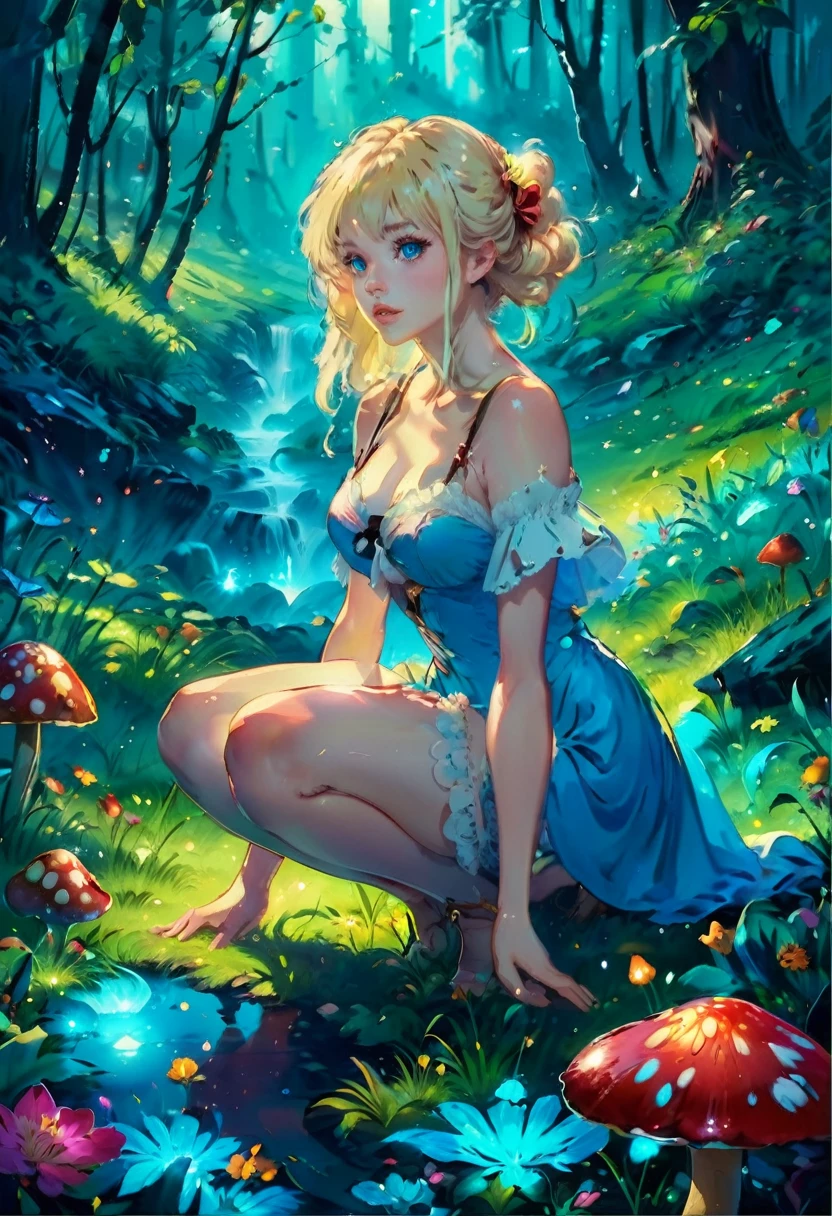 a beautiful 20 year old blonde woman with big messy hair in a blue dress, white stockings, black headband, cleavage, bending over to grab a glowing mushroom off the grassy forest floor, back shot, booty, fantasy art style, rossdraws cartoon vibrant, alice x. zhang, alice in wonderland cyberpunk, cute detailed digital art, colorfull digital fantasy art, digital fantasy art ), glossy digital painting, rossdraws pastel vibrant, rossdraws 2. 5, rossdraws 1. 0