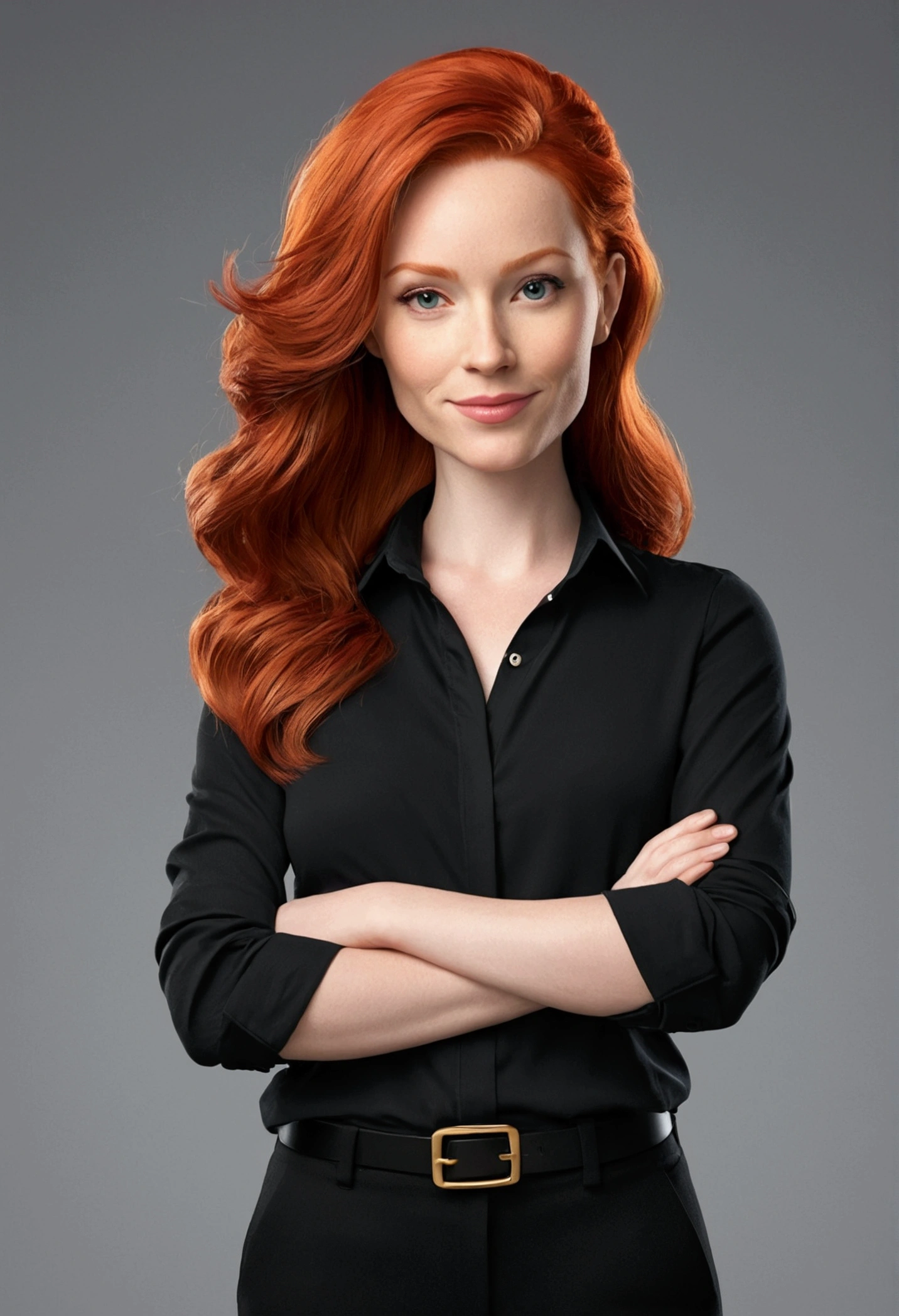 Create a friendly-looking human cartoon character, femina, redheadwear, Wearing a black shirt and black pants. It must have a modern and professional style, with a doubtful expression thinking about something with his hand below his chin. Add colorful details that represent the brand (if applicable). The character has an accessory like a laptop or phone and is in an office with lots of books