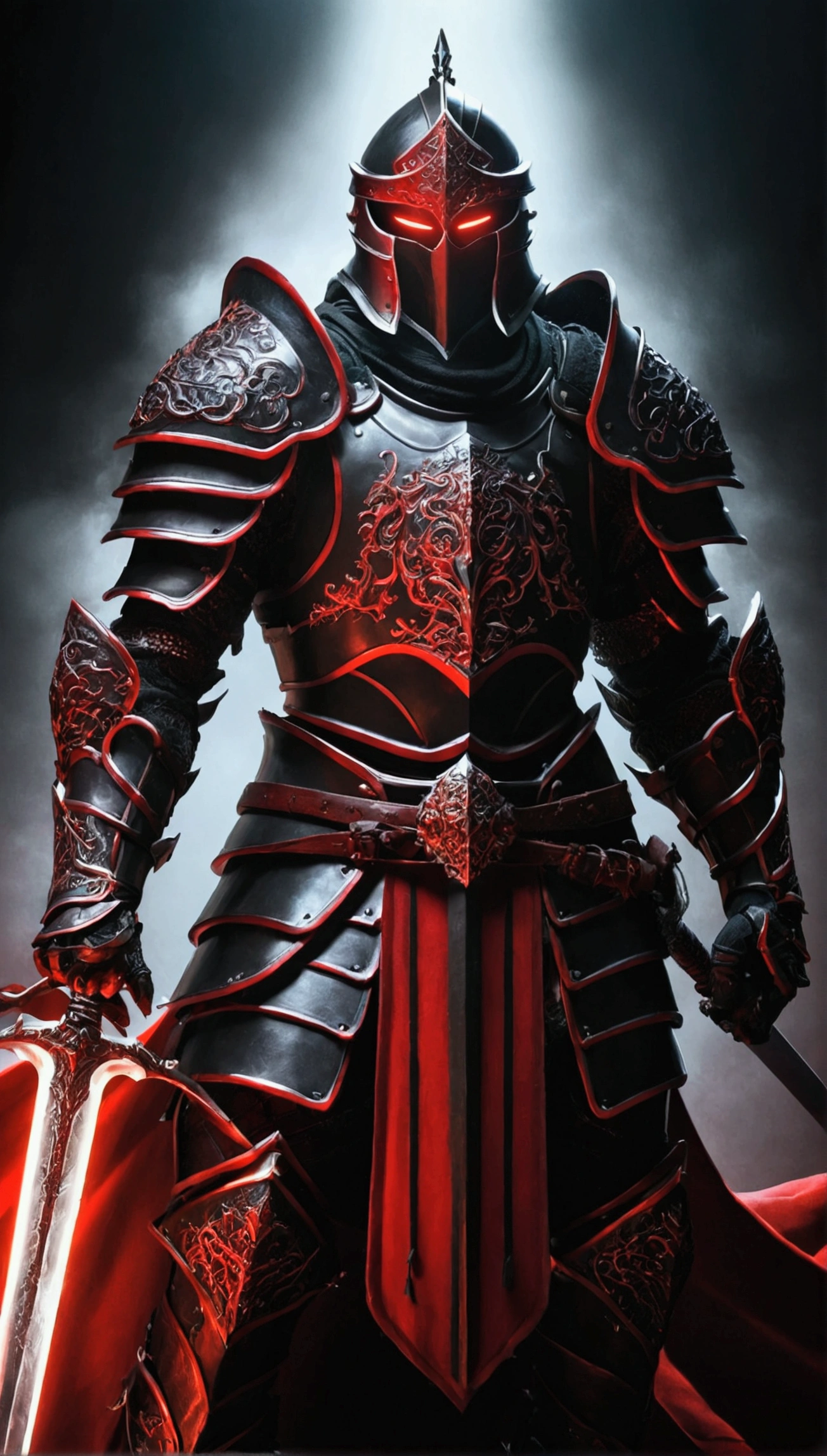 warrior,black and red armor,Holding a double sword.,Terrifying