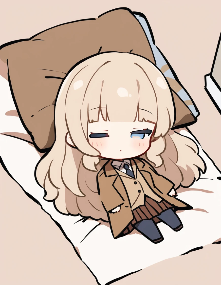 One girl, Beige hair、Long Hair、Bangs、Detective Suit、chibi,Light blue eyes、simple background、skirt、Brown clothes、Sleeping on a futon