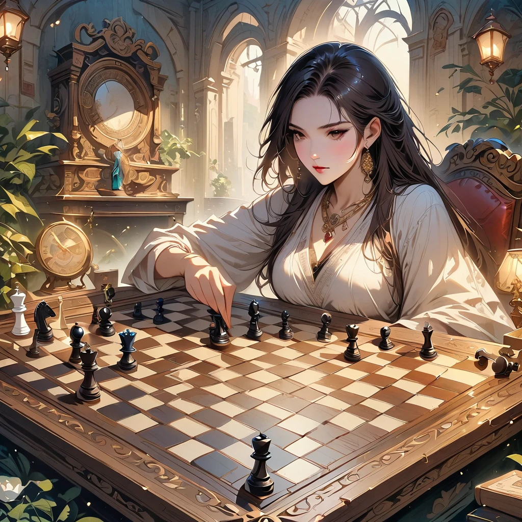 Highest quality, High resolution, Very detailed, Realistic, Vintage Chess Game, An illustration, Hand-drawn, Antique game board, Exquisite wooden chess pieces, Aged texture, Nostalgic atmosphere, Sepia Tone, Soft lighting, Detailed engraving, Complex pattern on a chessboard, Intricate metal fasteners, Delicate workmanship, Exquisite carving, Decorative borders, Ancient masterpieces, Immersive Gaming Experience, Complex game strategy, Black and white contrast, Deep Shadow, Faded elegance, The graceful movements of chess pieces, Immortal Nostalgia, historical charm, Timeless elegance.