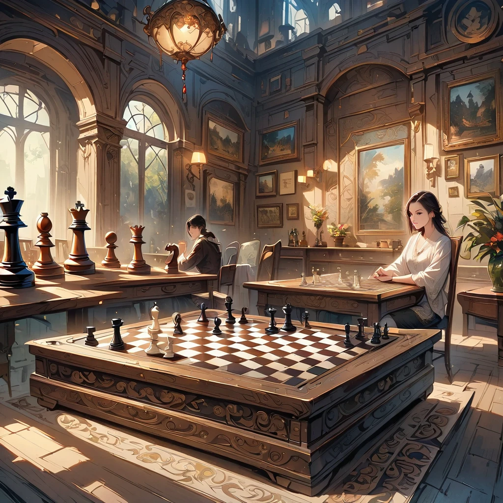 Highest quality, High resolution, Very detailed, Realistic, Vintage Chess Game, An illustration, Hand-drawn, Antique game board, Exquisite wooden chess pieces, Aged texture, Nostalgic atmosphere, Sepia Tone, Soft lighting, Detailed engraving, Complex pattern on a chessboard, Intricate metal fasteners, Delicate workmanship, Exquisite carving, Decorative borders, Ancient masterpieces, Immersive Gaming Experience, Complex game strategy, Black and white contrast, Deep Shadow, Faded elegance, The graceful movements of chess pieces, Immortal Nostalgia, historical charm, Timeless elegance.