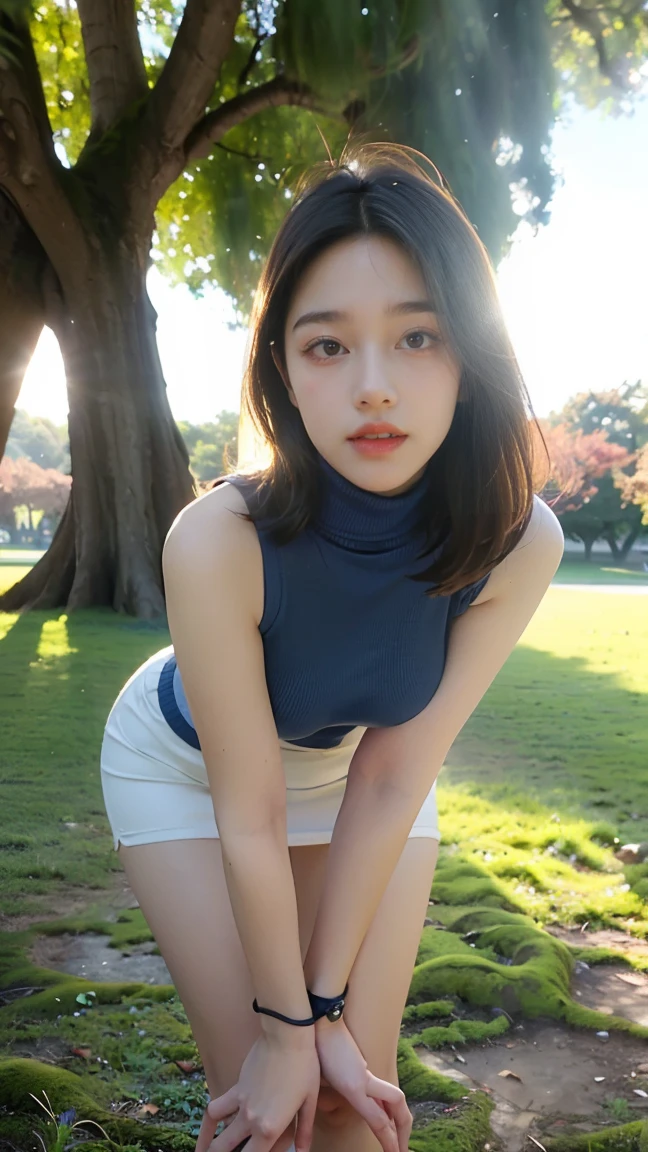 no, Ray tracing, Radio City, Anisotropic filtration, 16,000, best quality, 1 woman, alone, mature, beautiful young woman, ( Blue sleeveless turtleneck, Gradient long hair, (((Standing under a big tree with the sunlight shining through.)))、sunset、((big breasts)) 、Knee crawling