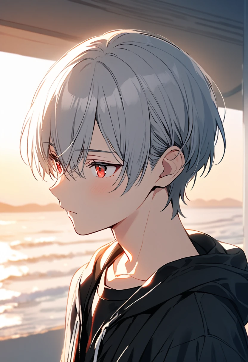 good looking, alone, 1 male, Gray Hair, Red eyes, Black Shirt, Black and white hooded, morning, White Light,Cute eyes,Short hairstyle,A cute boy,summer