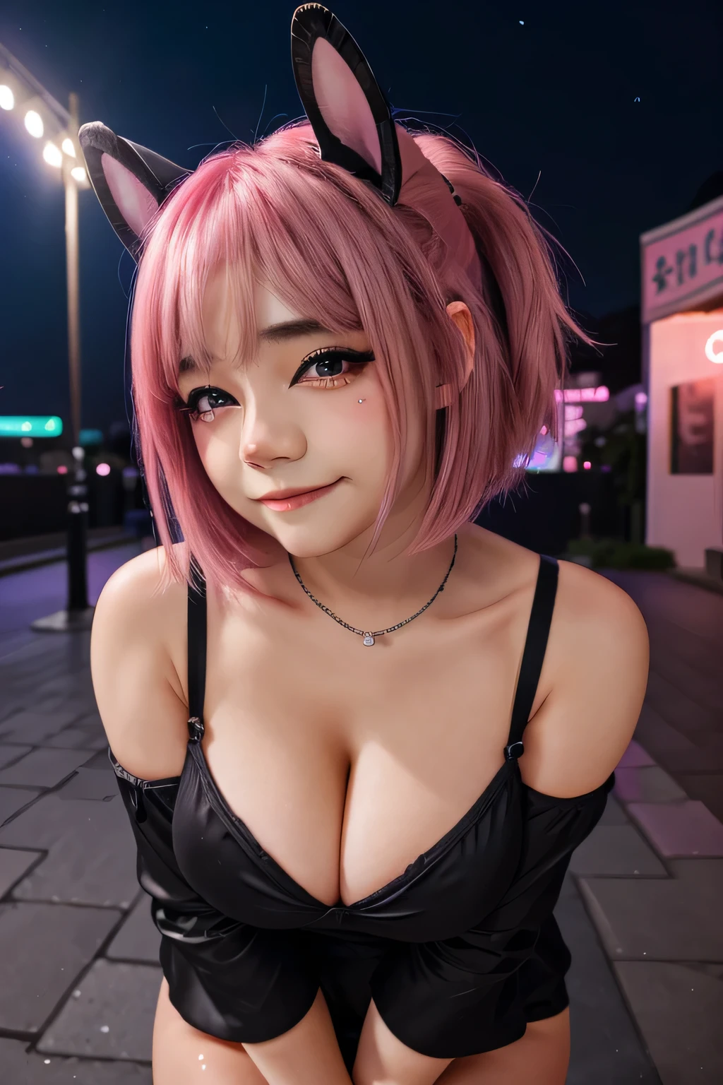 Open-air bath at night、Night、Night town、Neon glowing town、Showa townscape、Under the streetlight、Red dress、blue hair、nighttime scene、cleavage of the breast、(8k, top-quality, masterpiece:1.2), (realisitic, Photorealsitic:1.37), Ultra-detail, 1 girl in, Whole body esbifa layer、cute little、solo、Beautiful detailed night sky、(A smile:1.15)、(Mouth closed)、tiny chest、Eyes in Beautiful Details、(short-hair:1.2)、Floating Hair NovaFrogStyle、masuter piece、Pink Shortcut Bob、Realistic rabbit ears、Pink realistic rabbit ears、Realistic ears of rabbits sticking out of the head、Pink hair、Beautiful girl in her 20s、Bewitching atmosphere、Beautiful shaped hands、K-POP、Pink rabbit ears、1 girl in、solo、 masterpiece、top-quality、realisitic、Hyper-detailing、(Glossy skin:1.4)、absurderes、short pink hair、Slender beauties、Dynamic Lighting、hight resolution、sharp focus、depth of fields、(thick thight:1.0)、A slender :1.2,((Short-cut bob hair))、((k pop:1.3)),Highly detailed facial and skin texture、((Enchanting)),Anatomically correct number of fingers,Correct anatomy