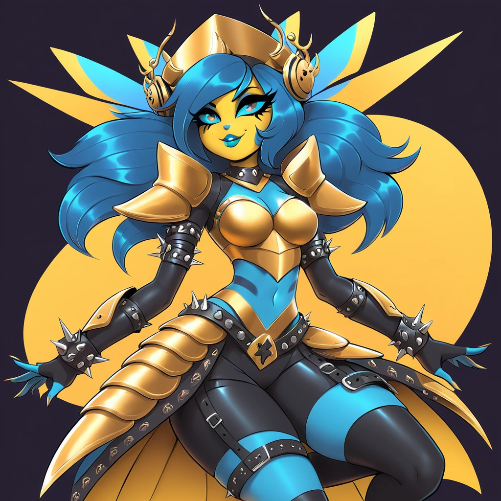 Cartoon photo of woman in blue and yellow costume, hot insect woman, guyver style, bad smile, scarabele ploid, bellows tail, cel shade adult animation, alien queen,