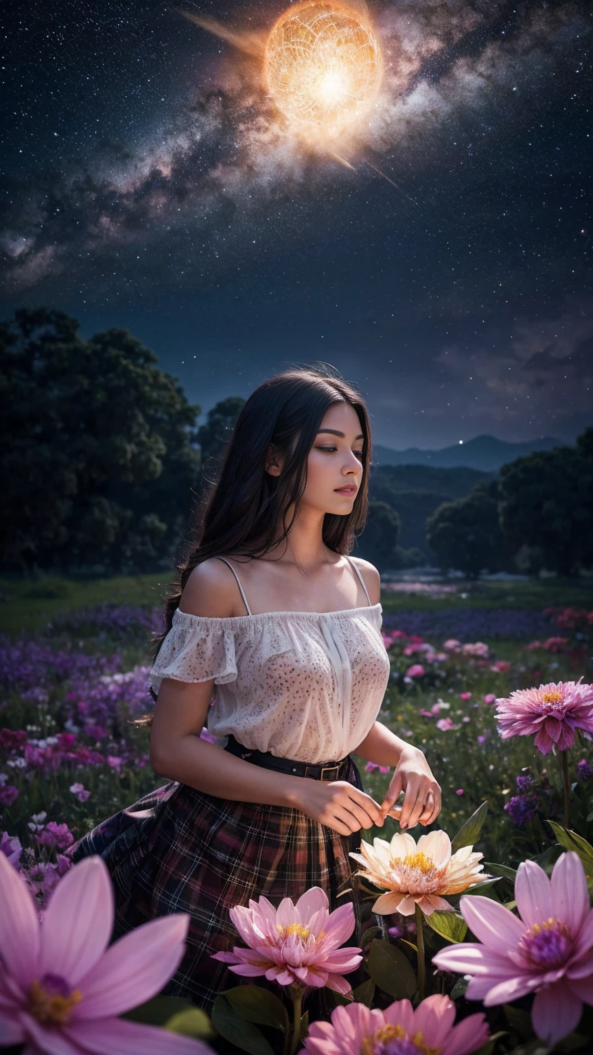In the heart of the ancient forest, where time flows differently, an unprecedented bioluminescent flower blooms. Its petals are the living embodiment of the magic of nature. In the center they glow deep orange, like the setting sun, smoothly turning into soft blue, reminiscent of a clear sky at dawn. The edges of the petals become almost transparent, as if dissolving into thin air, creating the illusion of a transition between worlds. Each petal is dotted with the finest luminous veins, forming patterns, similar to ancient runes. Soft white light pulsates in the core of the flower, like the heartbeat of this magical creature. There are myriads of luminous particles circling around the flower., resembling tiny stars. They move in spirals and vortices, as if dancing to inaudible cosmic music. Some of these particles, touching the petals, turn into drops of pure water, which slowly drain, leaving behind a glowing trail. Several three-dimensional hearts of different sizes float in the air. They seem to be woven from moonlight and morning dew, translucent and shimmering. Inside each heart you can see a tiny universe with twinkling stars and nebulae. The atmosphere around the flower is filled with a sense of mystery and magic.. Seems, What этот цветок - портал в другой мир, full of wonders and unprecedented beauties. Every detail of this scene is so clear and realistic., What, Seems, you can reach out and touch this miracle of nature."A beautiful young woman stands amidst a swirl of vibrant, oversized flowers. She wears a short orange and black plaid mini skirt that flutters in the breeze, paired with a stylish striped shirt. Her long, dark hair flows dramatically behind her, caught in the same wind. The image is saturated with color and high in contrast, with the woman and flowers in sharp focus and bathed in bright light. Behind her, a dreamy mist softens the background, adding depth and mystery. Her face is clearly visible and well-defined, capturing her captivating expression as she's surrounded by the l