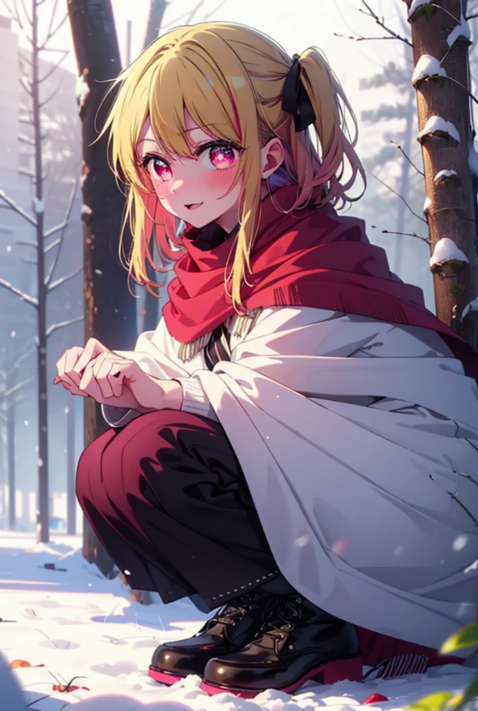 rubyhoshino, Hoshino Ruby, Long Hair, bangs, blonde, (Pink Eyes:1.3), Side Lock, (Symbol-shaped pupil:1.5), Multicolored Hair, Two-tone hair, smile,,smile,blush,white breath,
Open your mouth,snow,Ground bonfire, Outdoor, boots, snowing, From the side, wood, suitcase, Cape, Blurred, , forest, White handbag, nature,  Squat, Mouth closed, Cape, winter, Written boundary depth, Black shoes, red Cape break looking at viewer, Upper Body, whole body, break Outdoor, forest, nature, break (masterpiece:1.2), Highest quality, High resolution, unity 8k wallpaper, (shape:0.8), (Beautiful and beautiful eyes:1.6), Highly detailed face, Perfect lighting, Highly detailed CG, (Perfect hands, Perfect ???????),