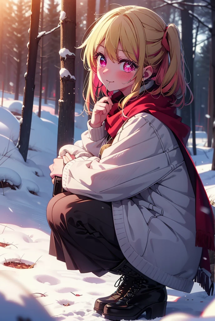 rubyhoshino, Hoshino Ruby, Long Hair, bangs, blonde, (Pink Eyes:1.3), Side Lock, (Symbol-shaped pupil:1.5), Multicolored Hair, Two-tone hair, smile,,smile,blush,white breath,
Open your mouth,snow,Ground bonfire, Outdoor, boots, snowing, From the side, wood, suitcase, Cape, Blurred, , forest, White handbag, nature,  Squat, Mouth closed, Cape, winter, Written boundary depth, Black shoes, red Cape break looking at viewer, Upper Body, whole body, break Outdoor, forest, nature, break (masterpiece:1.2), Highest quality, High resolution, unity 8k wallpaper, (shape:0.8), (Beautiful and beautiful eyes:1.6), Highly detailed face, Perfect lighting, Highly detailed CG, (Perfect hands, Perfect Anatomy),