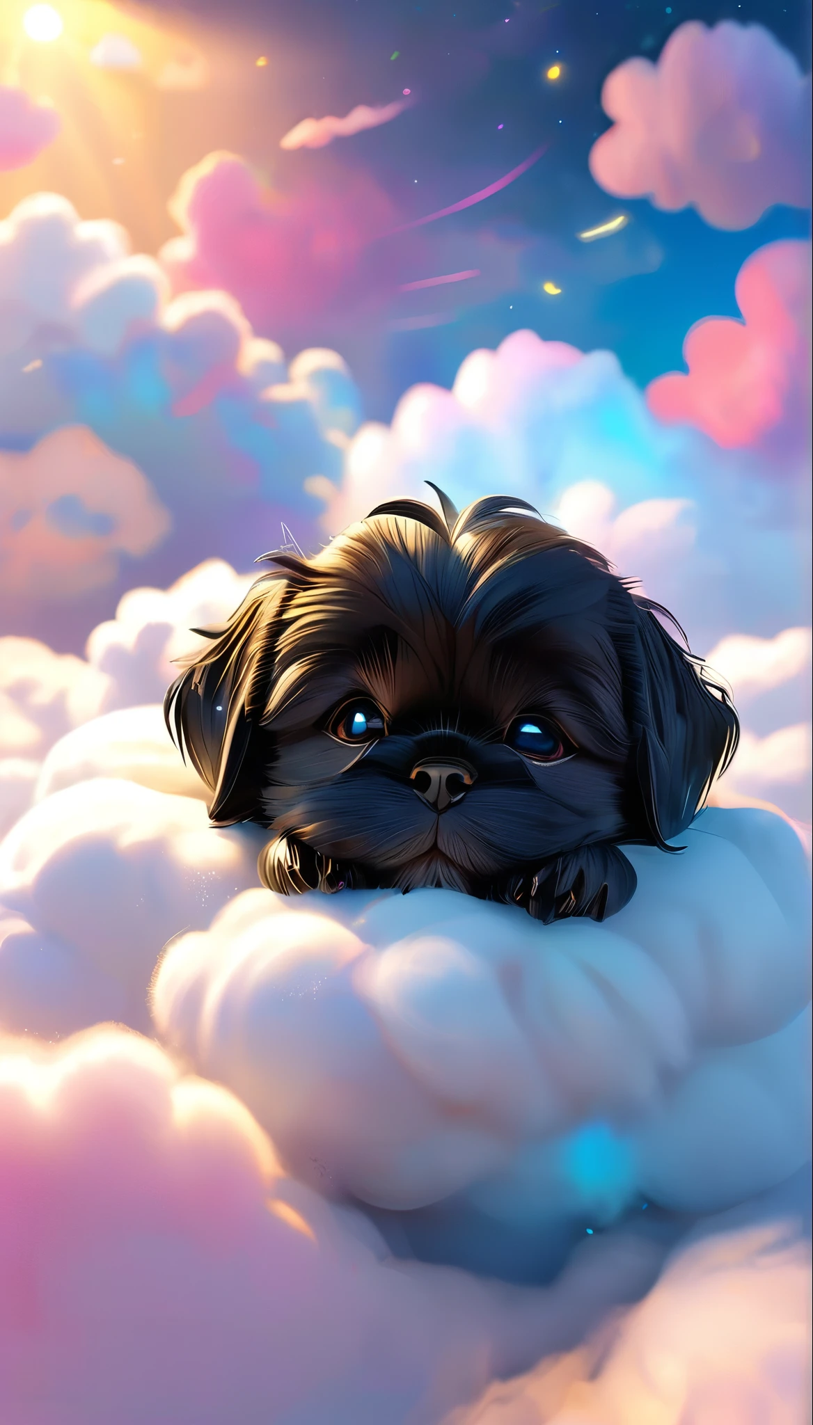 Adorable small black shih tzu puppy is lying on a cloud,Eyes closed,Appears throughout the body, cute catのアニメビジュアル, Cute numbers, Beautiful and detailed digital art, cute numbersArt, cgstation Popular Topics, pixar style, black puppy dream puppy,Have a nice dream, cute black shih tzu puppyFantasy Illustration, Nice 3D rendering, dream night, Animation-style rendering, Sleeping catundefined, 