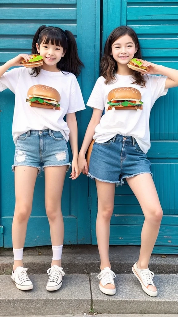 、1 Beautiful girl、So cute、very short jeans、Eating a big hamburger、Slim and beautiful bare feet、White sneakers