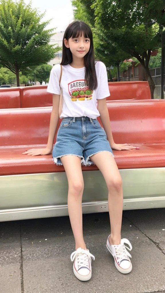 、1 Beautiful girl、So cute、very short jeans、Eating a big hamburger、Slim and beautiful bare feet、White sneakers