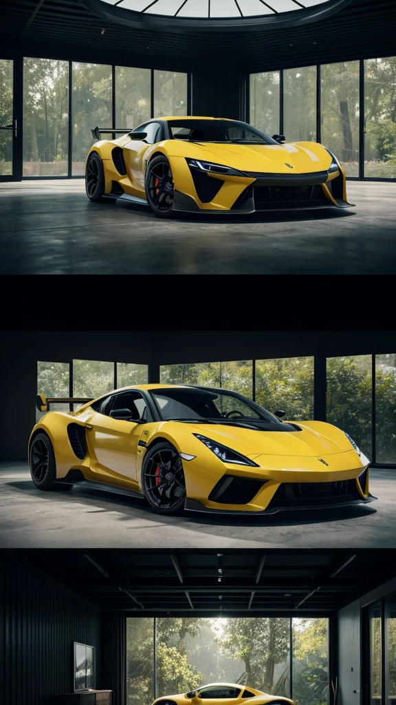 there is a black sports car parked inside a glasshouse in a forest, in front of a large glass window, concept art inspired by Harry Haenigsen, unsplash, photorealism, sports car in the room, hyper detailed, sports car, sportcar, 8 k octane detailed render, hyperdetailed!, black car, style of gta v artworks, hyper realistic octane render 4k, 8 k octane comprehensive render, full body shot, dramatic, Midjourney