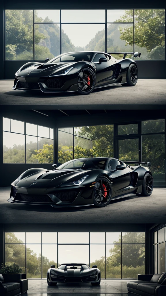 there is a black sports car parked inside a glasshouse in a forest, in front of a large glass window, concept art inspired by Harry Haenigsen, unsplash, photorealism, sports car in the room, hyper detailed, sports car, sportcar, 8 k octane detailed render, hyperdetailed!, black car, style of gta v artworks, hyper realistic octane render 4k, 8 k octane comprehensive render, full body shot, dramatic, Midjourney