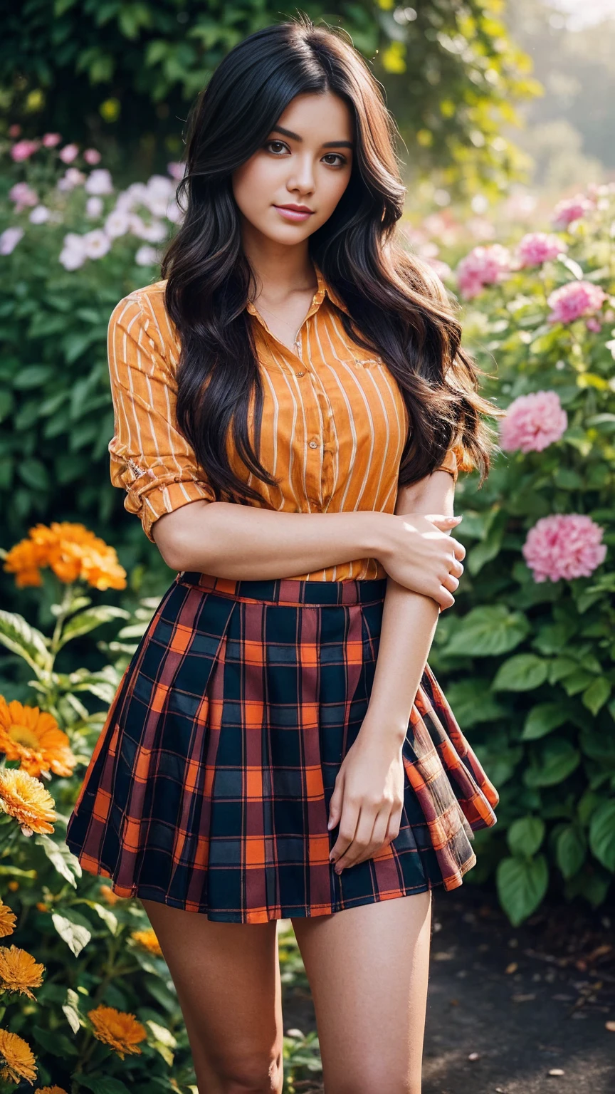 A beautiful young woman stands amidst a swirl of vibrant, oversized flowers. She wears a short orange and black plaid mini skirt that flutters in the breeze, paired with a stylish striped shirt. Her long, dark hair flows dramatically behind her, caught in the same wind. The image is saturated with color and high in contrast, with the woman and flowers in sharp focus and bathed in bright light. Behind her, a dreamy mist softens the background, adding depth and mystery. Her face is clearly visible and well-defined, capturing her captivating expression as she's surrounded by the lush, detailed flora.