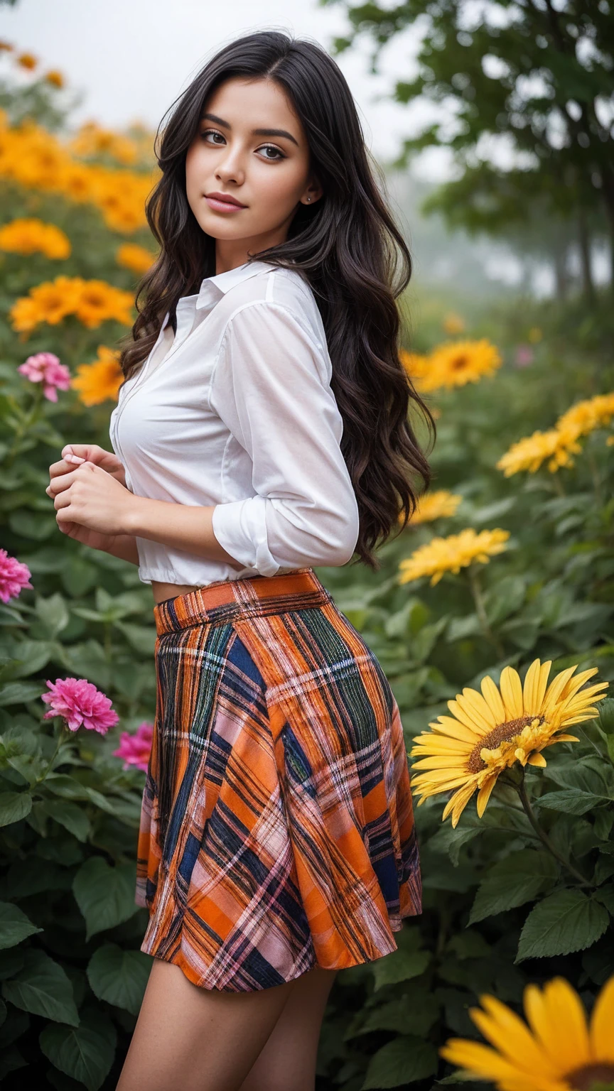 nsfw, 8K raw photo, Best quality, masterpiece, ultra high res, film grain, filmg, 1girl, looking at viewer, natural skin texture, realistic eye and face details, full lips, lipstick, (makeup), red eyeshadow, fluffy short hair, messy hair, smile, close mouth, beautiful legs, tall female, skinny, slim_legs, solo, enormous breast, cleavage, Pose with buttocks facing you, ultra short skirt, ass, shirt, beautiful nature location, around flower location, (detailed background), plaid skirt, white shirt, enormous breast, cleavage, Show huge cleavage through the shirt, loafers, blurry background, blurry, holding, plaid, short sleeves, jk ribbon on the neck, jk ribbon, brown hair, bracelet, water, bangs, school uniform, jewelry, parted lips, lips, from side, pleated skirt, depth of field