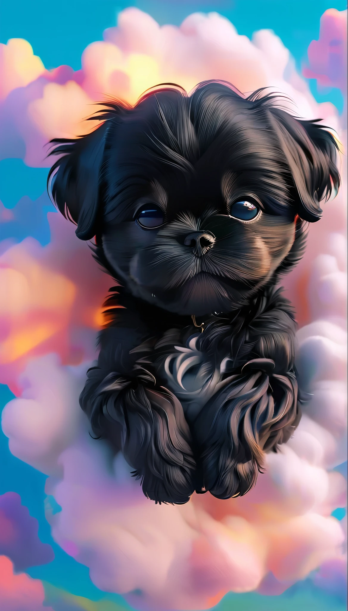 Adorable small black shih tzu puppy is lying on a cloud,Eyes closed,Appears throughout the body, cute catのアニメビジュアル, Cute numbers, Beautiful and detailed digital art, cute numbersArt, cgstation Popular Topics, pixar style, black puppy dream puppy,Have a nice dream, cute black shih tzu puppyFantasy Illustration, Nice 3D rendering, dream night, Animation-style rendering, Sleeping catundefined, 