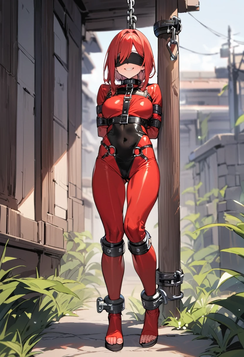 (masterpiece, best quality), intricate details, 1girl, Cammy White from Street Fighter (standing full body toe to head by wooden pole:1.2) iron collar, arms behind back, iron cuffs, shackles, bound, bondage outfit, harness, o-ring, bondage outfit blindfolded cover eyes, happy red cheeks, chain leash collar choker neck bell shackles wristbands bracers bracelets, cleave gag, laughing maniacally laughter