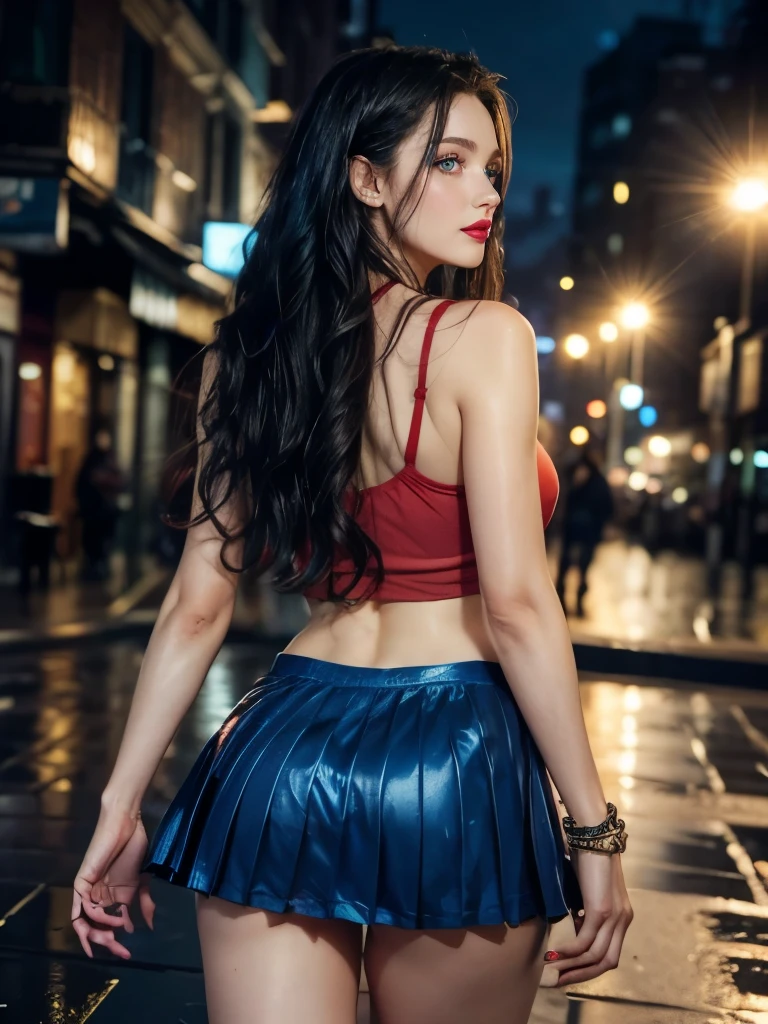 Caucasian woman; ((black hair)), wavy hair, ((long hair)), hair parted in the middle; ((blue eyes)), ((lined eyes)), ((highlight blue eyes)), shiny eyes; (eyes with reflection); ((red lipstick)), ((glossy lips)), ((makeup)); smile, ((athletic body)), (((medium breasts))), nipples, ((legs)); tank top, ((blue top)), (((red skirt))), ((pleated skirt)); earrings, necklace, bracelets; high quality, artistic shot, standing, in the city, Standing in the rain, At night, Raining, soft light, back, buttocks, ass, back view, (((shot from behind))).