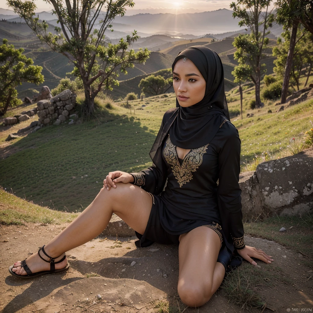 A stunning, high-resolution photo of a beautiful woman wearing a hijab, fully dressed in climbing attire with intricate equipment. She is sitting on the grass at a slight angle, enjoying the breathtaking panorama of the Dieng plateau. The early morning sun creates a serene atmosphere, with a hint of sunrise in the sky. The photo captures the essence of peace and tranquility, with sharp details and ornate elements. The scene is reminiscent of a 32K ultra-high-definition image, showcasing the beauty of wildlife and portrait photography., wildlife photography, photo, portrait photography