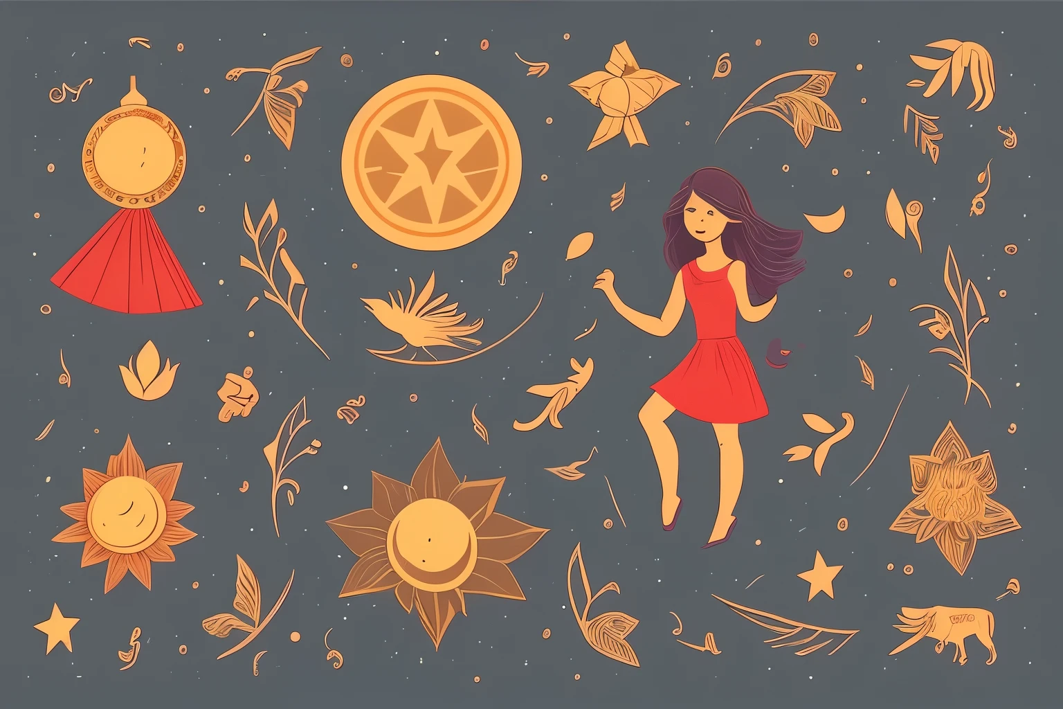 astrology girl , flat colors, vector image , woodcut sketch