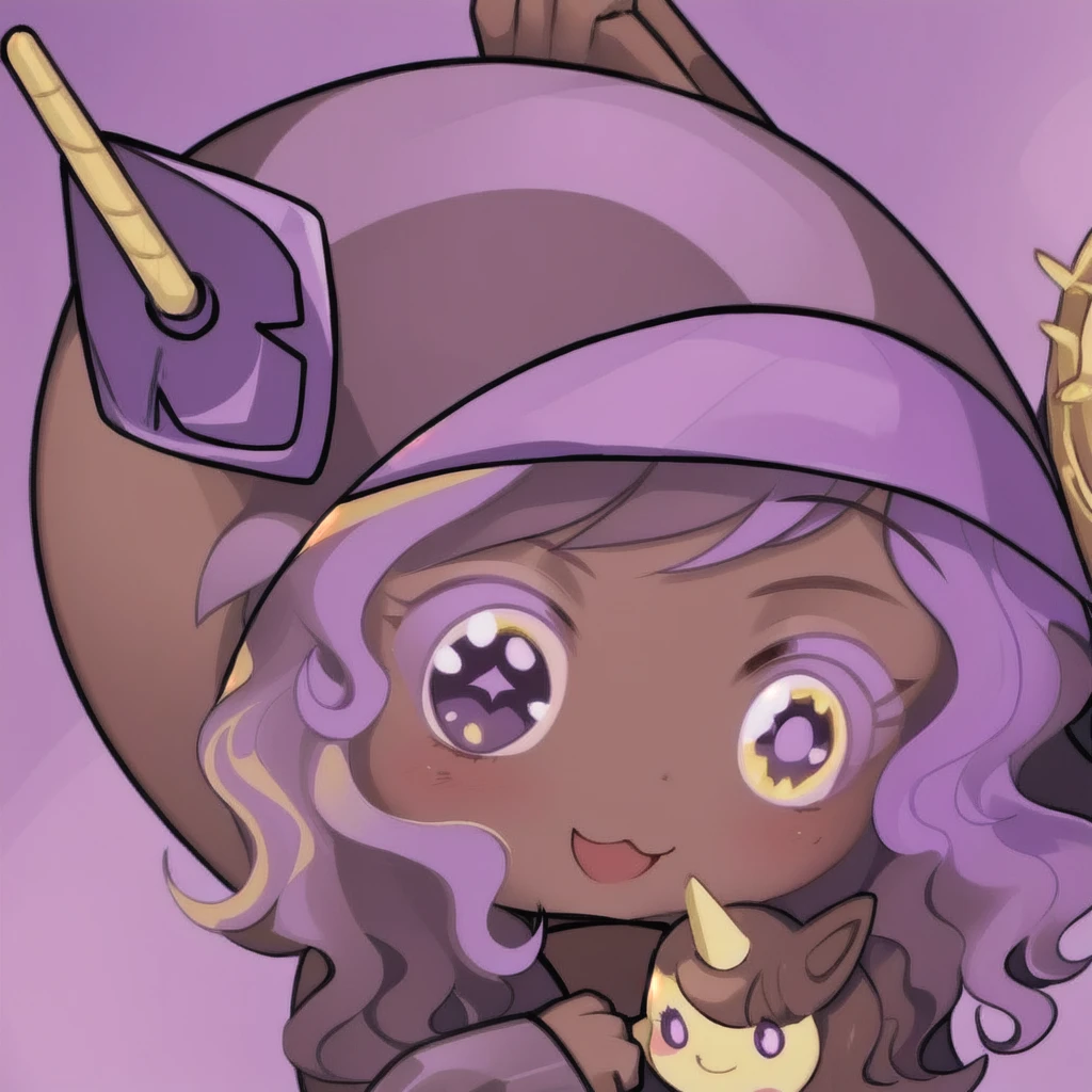 1girl,solo, high quality, dark brown long curly hair, tan skin, purple eyecolor, wears a helmet, she is holding a unicorn plushie, purple outfit, white background,
