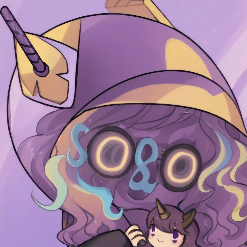 1girl,solo, high quality, dark brown long curly hair, tan skin, purple eyecolor, wears a helmet, she is holding a unicorn plushie, purple outfit, white background,
