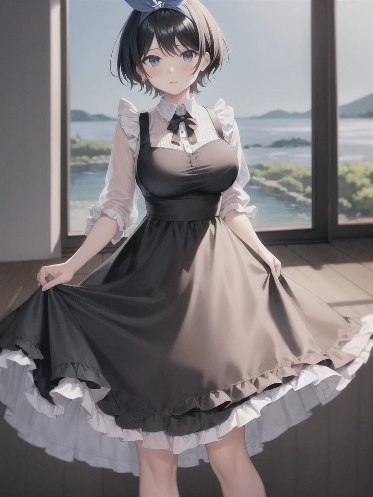 masterpiece, Highest quality, girl, maiis apron , Hair Ribbon, 
 (Mature Woman:1.3),  Large Breasts, 
short hair, Black Hair,  blue eyes , :is,
river, flower、The clothes are see-through
