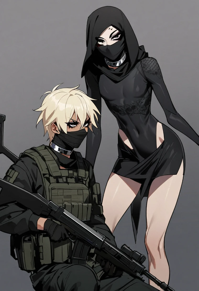 Male arab modern terrorist, terrorist, black short balaclava, black bandage, black clothes, thin waist, skinny body, femboy, light skin, makeup, black eyeliner, big eyelashes, black eyeshadow, metal choker,  light skin, duo, random blond milf on her knees