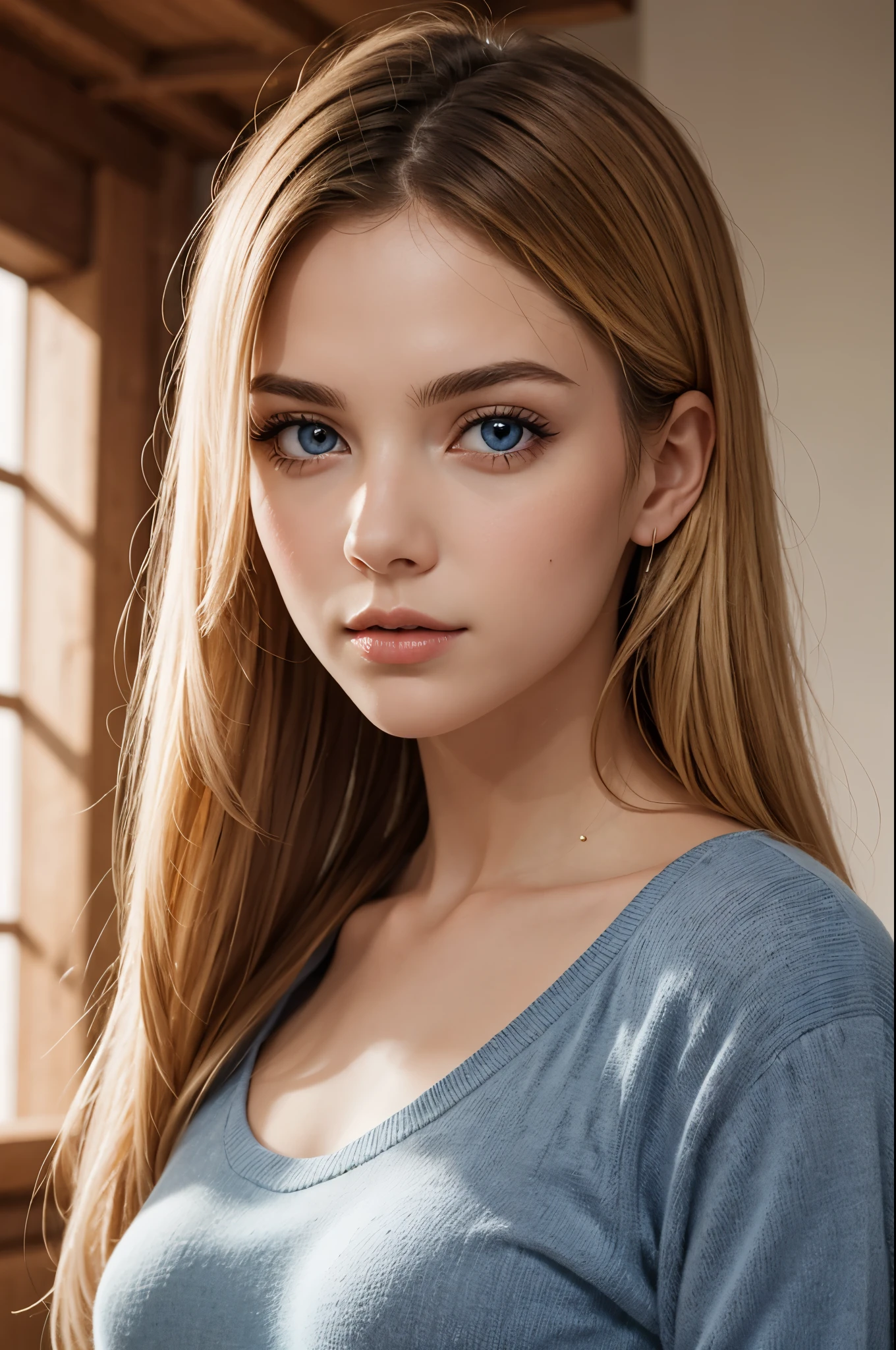 (Best quality,8k,high resolution,masterpiece:1.2)，Digital Artwork，A girl，Delicate face，Delicate eyes，Mi blonde hair，Long straight hair，shiny blue eyes，Red lips，particle，dust，Warm colors，shy，in love，Eevee drawing，Men&#39;s white collar shirt，necklace，Pretty Face，Large Breasts，more than_Body，Tyndall effect，lifelike，Dark Studio，(HD Skin:1.2)，8k Ultra HD，Soft Light，high quality，Edge lighting，Two-color lighting，Volumetric Lighting，frank，Professional photography，超high resolution，8k，Bokeh，Shallow depth of field，Film photos