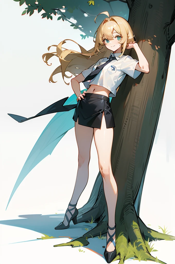 Blonde、long hair、upright stance、full body、Fighter、Belly out、American、Short skirt、shirt、tie、front、Short sleeve、woman、Tree Eyes、White background、Simple Background、smile、tall、flipped hair、Belly out、parted bang、messy hair、Fighter、tall