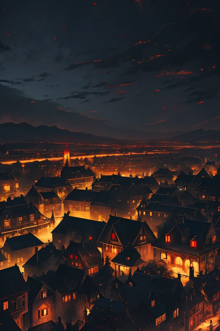 old European village shot with bird view, (Red glowing eyes), masterpiece, Depth of written boundary, Lutz, Gwaites style artwork, Gothic aesthetics, Dark Vampire village, ((in the dark gothic style cathle:1)), ((dark mid-night time:1.5)),