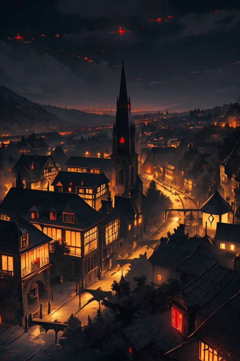 old European village shot with bird view, (Red glowing eyes), masterpiece, Depth of written boundary, Lutz, Gwaites style artwork, Gothic aesthetics, Dark Vampire village, ((in the dark gothic style cathle:1)), ((dark mid-night time:1.5)),