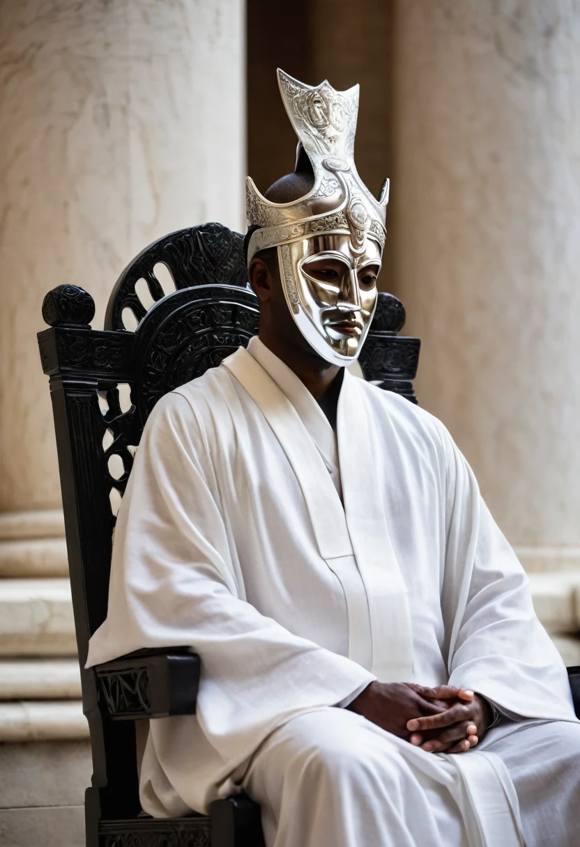 On the right, on the third ebony throne, is the Judge of Neutrality. His figure embodies balance and impartiality. The silver mask covering his face is smooth and unadorned, reflecting austere simplicity. His eyes, hidden behind symmetrical openings, observe with tranquil impartiality, unperturbed and analytical.
His attire is a white linen toga, shimmering in the torchlight, symbolizing purity and clarity. His hands, gracefully resting on the arms of the throne, convey a sense of stability. The Judge of Neutrality radiates a calming and authoritative presence, a true guardian of balance between opposition and support.
