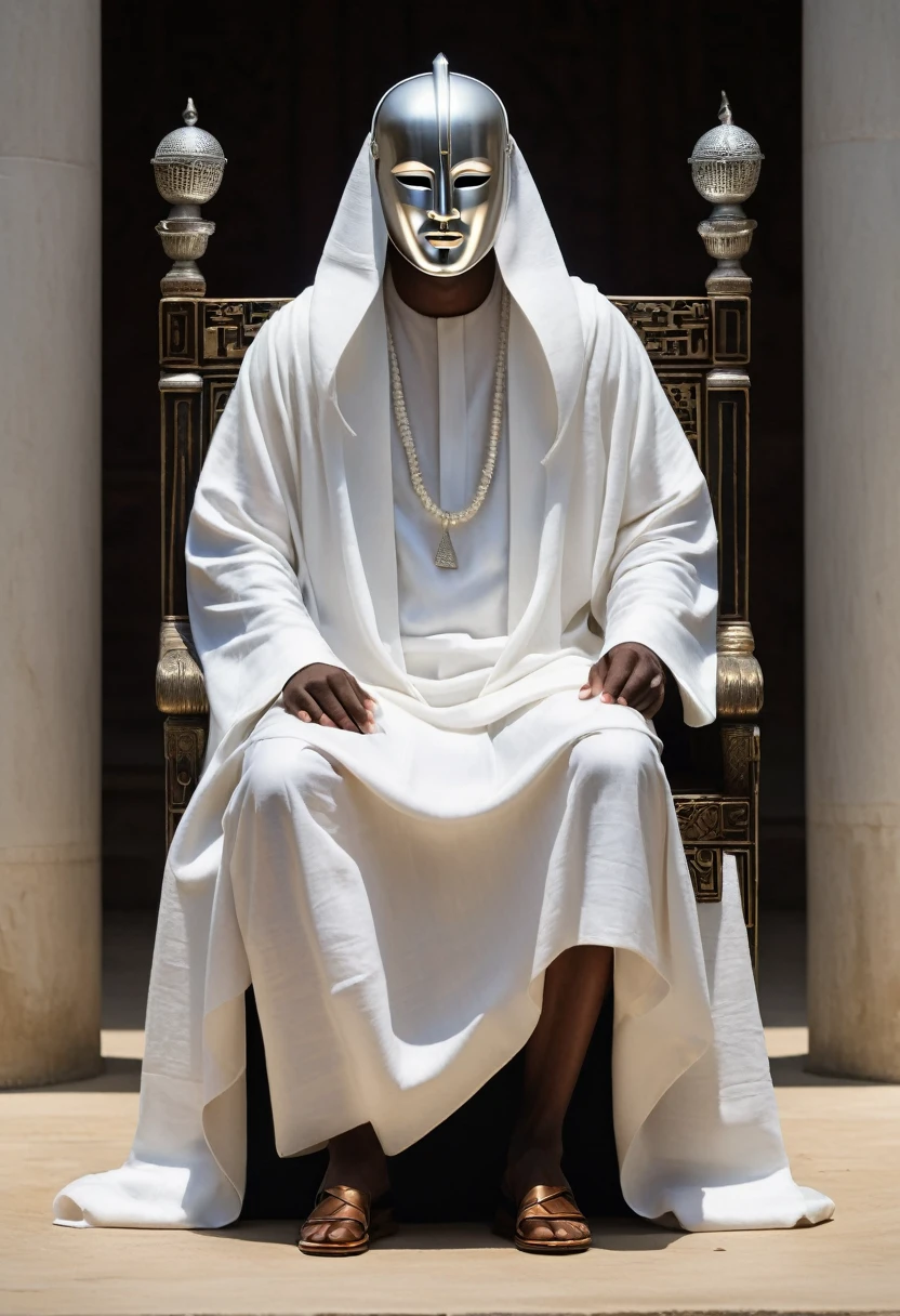 On the right, on the third ebony throne, is the Judge of Neutrality. His figure embodies balance and impartiality. The silver mask covering his face is smooth and unadorned, reflecting austere simplicity. His eyes, hidden behind symmetrical openings, observe with tranquil impartiality, unperturbed and analytical.

His attire is a white linen toga, shimmering in the torchlight, symbolizing purity and clarity. His hands, gracefully resting on the arms of the throne, convey a sense of stability. The Judge of Neutrality radiates a calming and authoritative presence, a true guardian of balance between opposition and support.