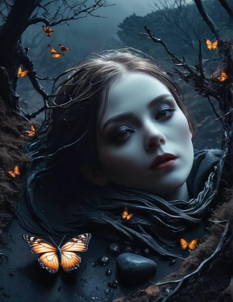 (butterfly:1.5),(butterfly theme:1.5),(dark horror theme:1.5),(thriller:1.5),(inspiration from Stephen King:1.5),(dark fantasy:1.5), (ink and watercolor painting:1.5), (black and white color:1.5), 8k, 4k, (landscapes:1.5),(A large number of butterflies fly towards the viewer:1.5),(ruined:1.5),(ruined village:1.5),(1800s:1.5), (ruined theme:1.5),(lots of flying butterflies:1.5),(puddle:1.5),(Unpaved roads:1.5),(absurderes:1.5),(fantastic:1.5),(best quality:1.5),(masterpiece:1.5),full body length,Quartz Manganite babygirl plays with doll,pretty face,eyebrow up,full body shot,ominous landscape,Fluorite Wulfenite atmosphere,by art Simon Stalenhag,Nicola Samori,(((Wangechi Mutu))),prime colors,urban,extremely detailed,masterpiece,intricate details,faded,eyes extremely detailed, high detailed eyes,4k resolution,RAW, Nikon Z9,scary town,stalker,orc,Stone Forest in Yunnan Province of China,best quality, ultra-detailed, realistic, portraits, dark and eerie atmosphere, glowing eyes, ethereal presence, hauntingly beautiful, ghostly figures, swirling mists, supernatural entities, demonic essence, shadowy forms, eerie whispers, sinister aura, hauntingly pale skin, dark and twisted branches, flickering candlelight, macabre elements, mysterious and enigmatic, spectral apparitions, gothic art style, hauntingly captivating, spectral realm, hauntingly melancholic, otherworldly beauty, ethereal glow, hauntingly haunting, chilling and atmospheric, eerie and ominous lighting.