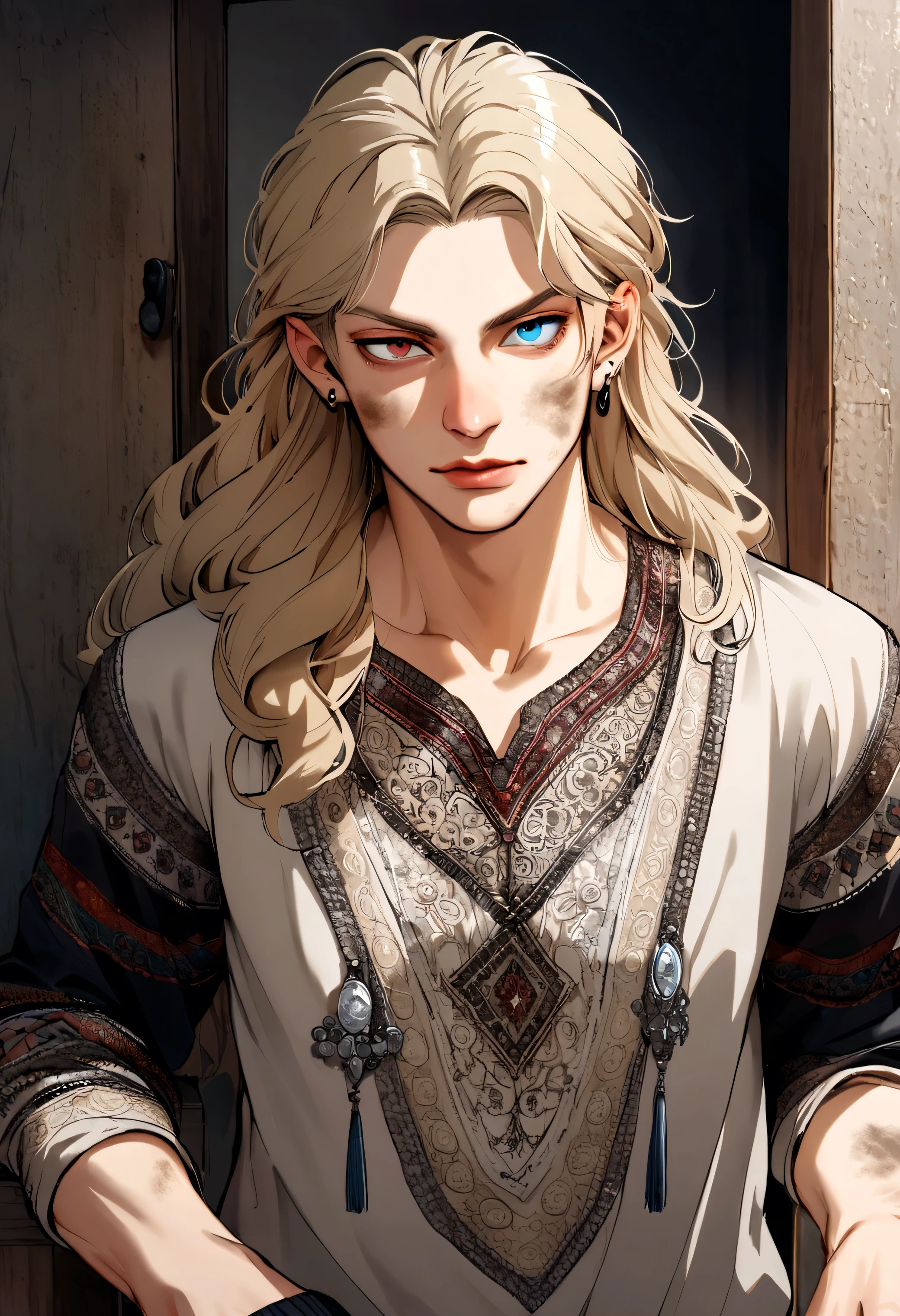 Male, 1solo, dirty blond hair, has heterochromia, one blue eye, and the other eye color brown, russian, slavic, using casual clothes