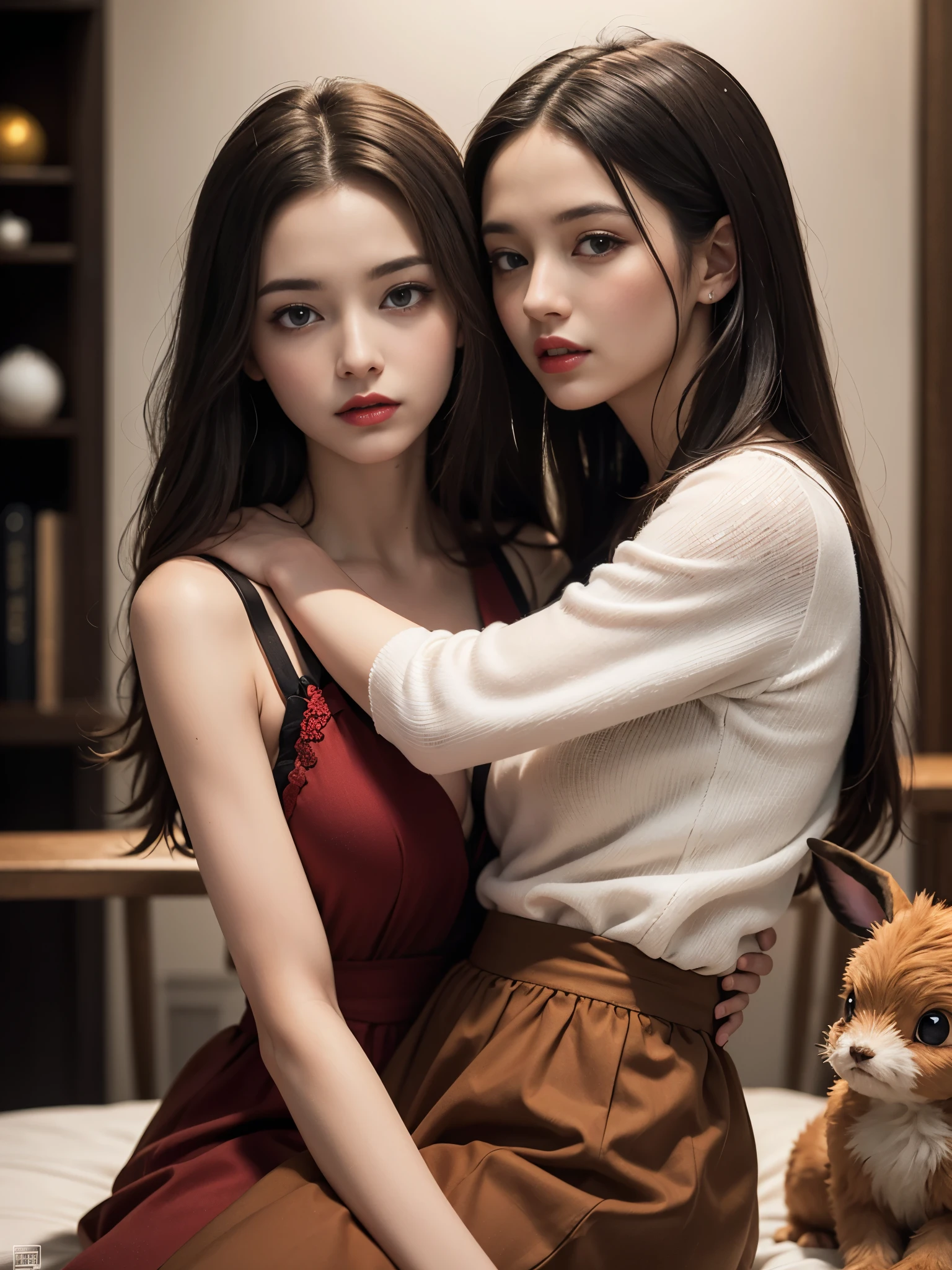 (Best quality,8k,high resolution,masterpiece:1.2),Digital Artwork,A girl,Delicate face,Delicate eyes,Dark brown hair,Straight Hair,Shining amber eyes,Red lips,suspender long skirt,particle,dust,Warm colors,shy,in love,Pokémon_Ibrahimovic,Ibrahimovic_Pokémon,Eevee drawing,Men's white collar shirt,necklace,Jewelry,Pretty Face,Large Breasts,more than_Body,Tyndall effect,lifelike,Dark Studio,(HD Skin:1.2),8k Ultra HD,Soft Light,high quality,Edge lighting,Two-color lighting,Volumetric Lighting,frank,Professional photography,超high resolution,8k,Bokeh,Shallow depth of field
